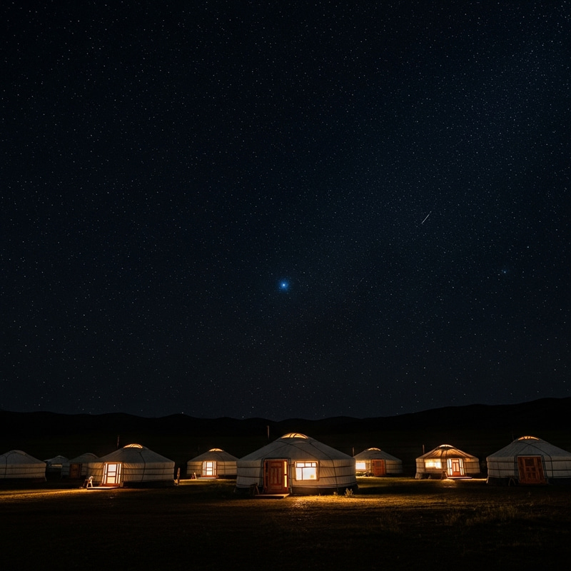 Traditional Mongolian Yurts In Night Bonfire Glow