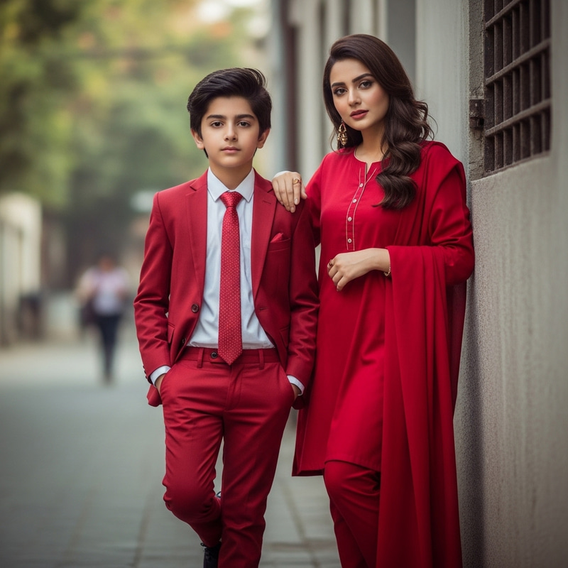 Realistic Pakistani 19-Year-Old Boy & Girl in Red Suit | Street Wall Portrait Realistic Pakistani 19-Year-Old Boy & Girl in Red Suit | Street Wall Portrait
