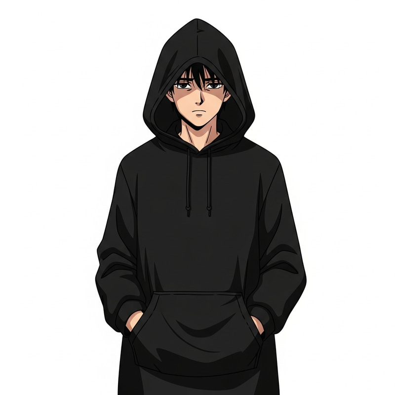 Enigmatic Male Character in Anime-Style Black Hoodie Enigmatic Male Character in Anime-Style Black Hoodie