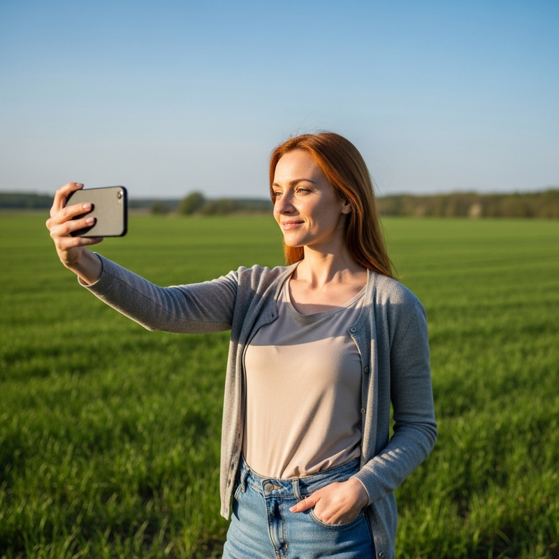 Realistic Redhead Woman Selfie in Countryside | Serene Field Scene Realistic Redhead Woman Selfie in Countryside | Serene Field Scene