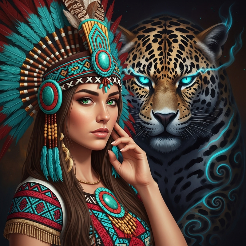Beautiful Aztec Girl with Contemporary Clothing and Jaguar Symbol
