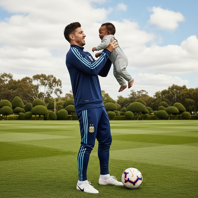 Footballer Messi Lifts Joyful Chubby Baby Outdoors Footballer Messi Lifts Joyful Chubby Baby Outdoors