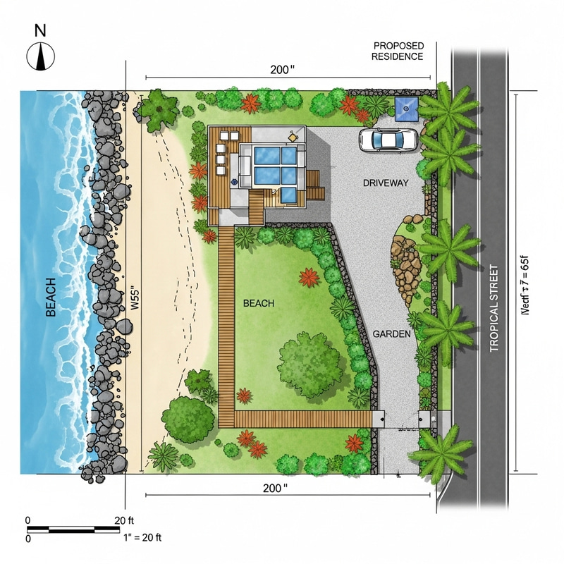 Architectural Plot Plan for 200x65 ft Lot with Rocky Beach & Tropical Street Views Architectural Plot Plan for 200x65 ft Lot with Rocky Beach & Tropical Street Views