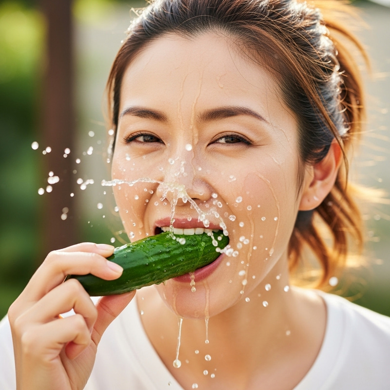Realistic Photo of Asian Woman Sucking on Zucchini with Juicy Face Realistic Photo of Asian Woman Sucking on Zucchini with Juicy Face