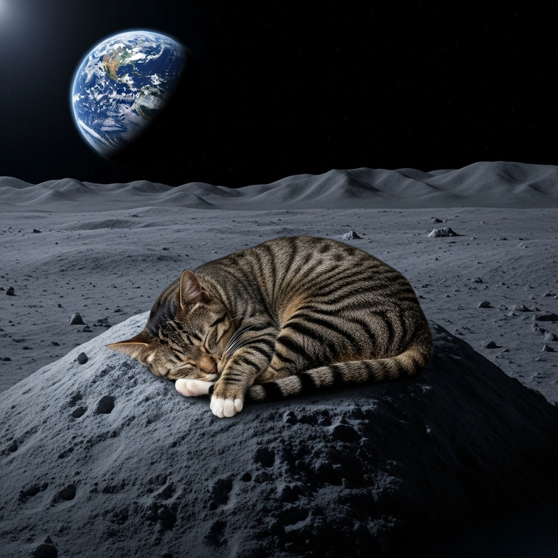 Cat Sleeping on Mound on Moon - Peaceful Night Scene Cat Sleeping on Mound on Moon - Peaceful Night Scene
