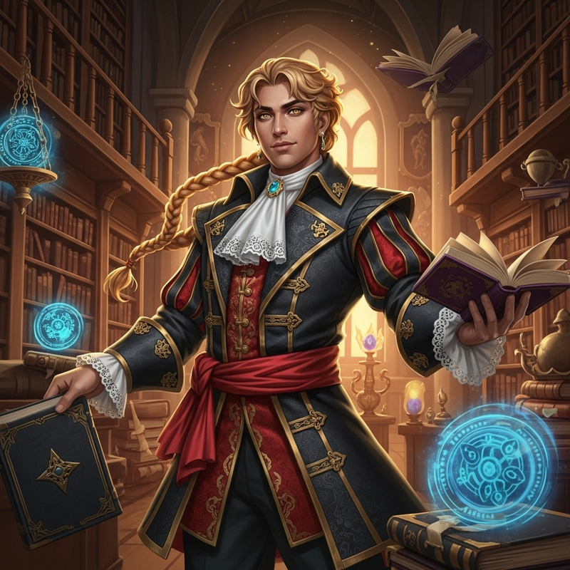 Powerful Golden-Eyed Magician in Enchanting Library Setting
