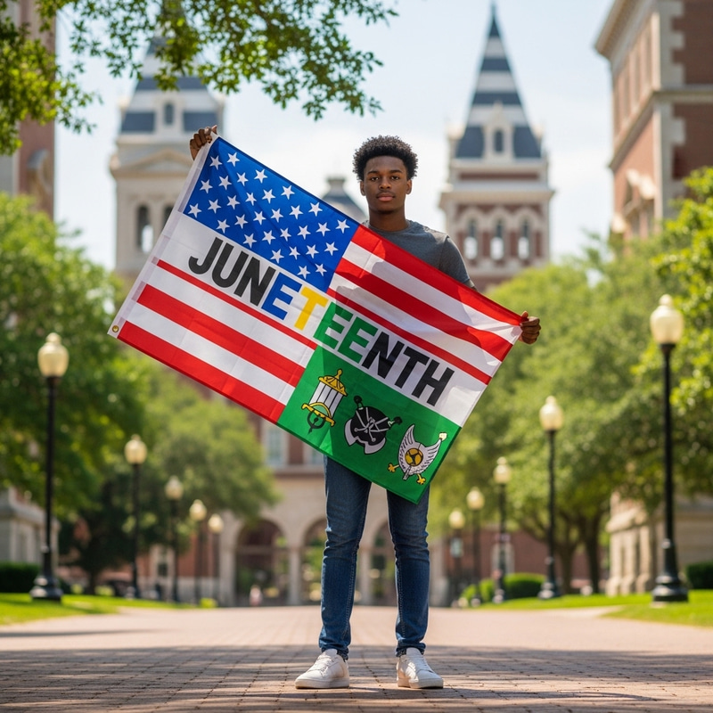 Black Male Student Celebrates Juneteenth Flag