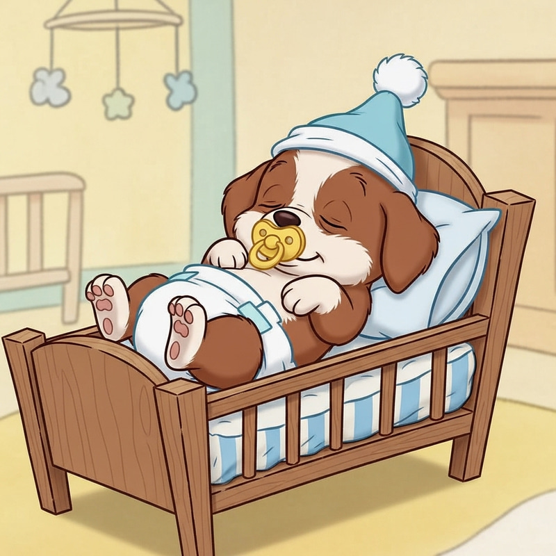 Newborn Puppy Snoopy Sleeping in Crib - Classic Baby Cartoon Vibe Newborn Puppy Snoopy Sleeping in Crib - Classic Baby Cartoon Vibe