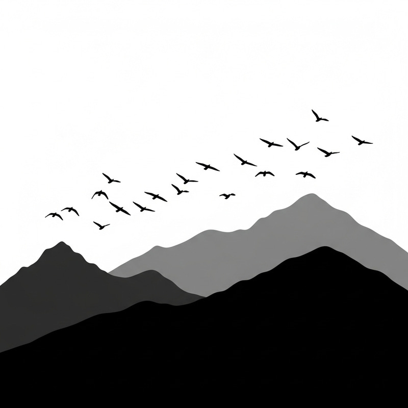 Tranquil Black and White Mountains with Birds in Flight
