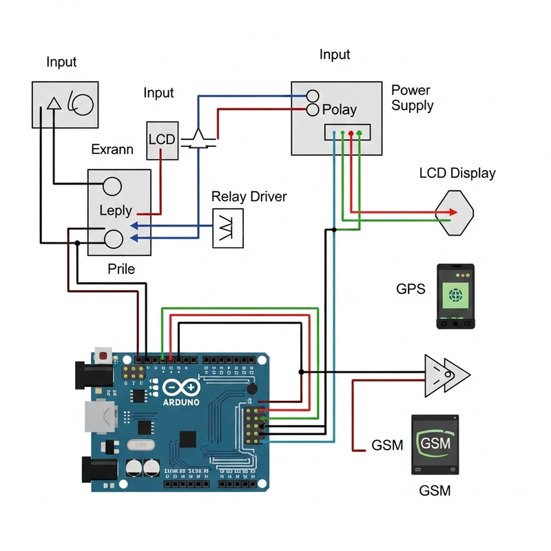 Block Diagram of Inputs: Powersupply, Relay Driver, LCD Display, GPS & GSM to Arduino