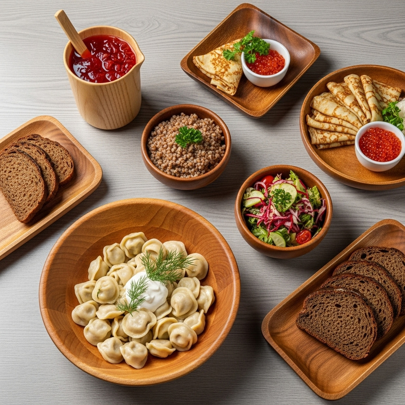 Russian Cuisine on Light Gray Table in Wooden Dishes Russian Cuisine on Light Gray Table in Wooden Dishes