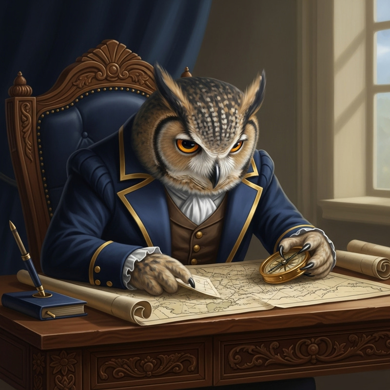 Regal Owl in Royal Navy Attire Studying Detailed Map with Compass Regal Owl in Royal Navy Attire Studying Detailed Map with Compass