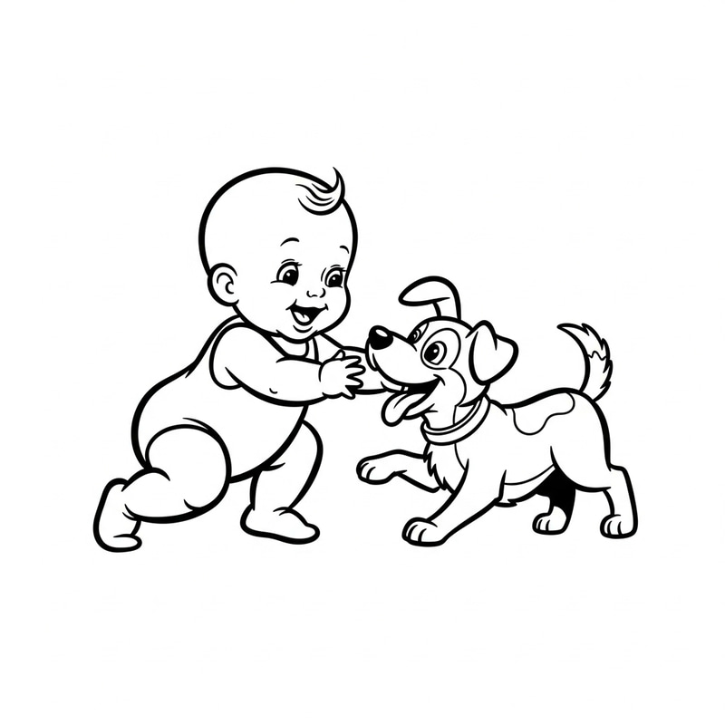 Vintage Black & White Kids Coloring Model Sheet - Joyful Baby and Playful Dog