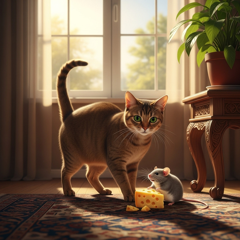 Realistic Depiction of Cat Playing with Chubby Mouse in Playful Environment