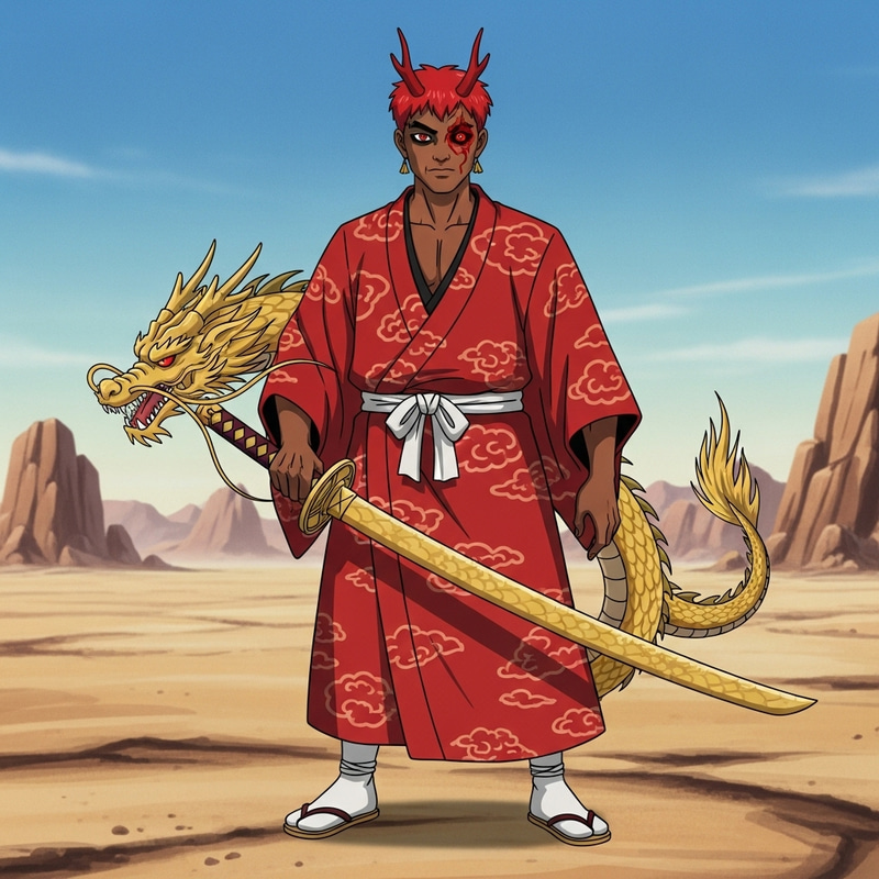 Desert Dragon Hashira | Brown Skin, Red Kimono, Golden Katana Desert Dragon Hashira | Brown Skin, Red Kimono, Golden Katana