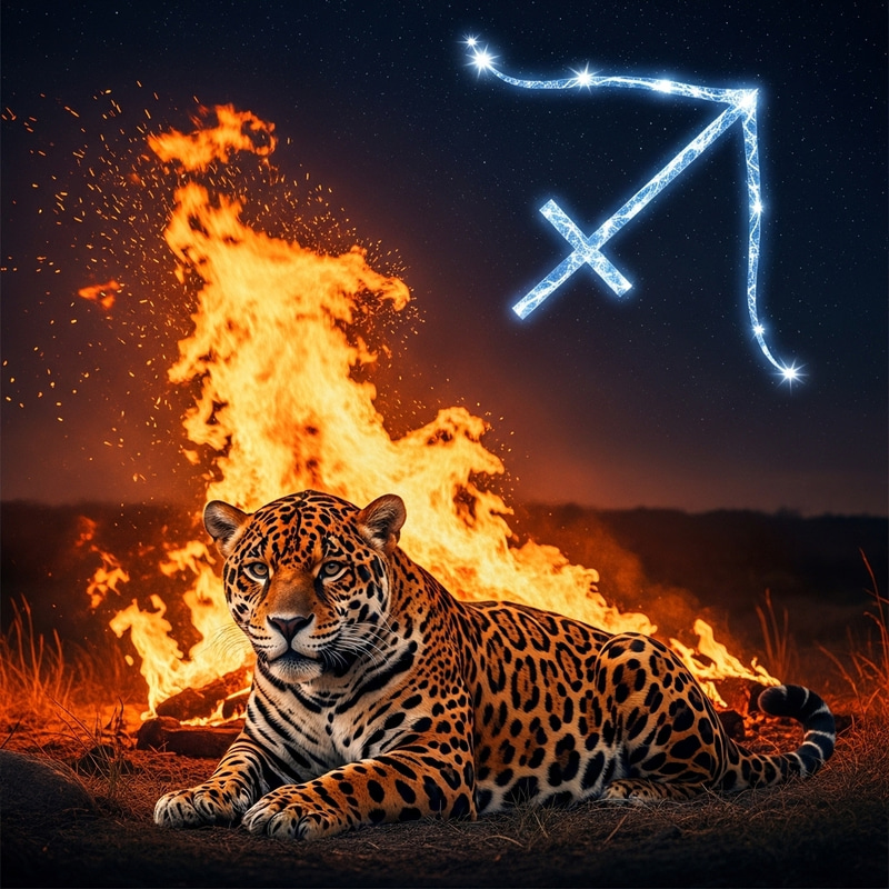 Majestic Jaguar on Fiery Night with Sagittarius Majestic Jaguar on Fiery Night with Sagittarius