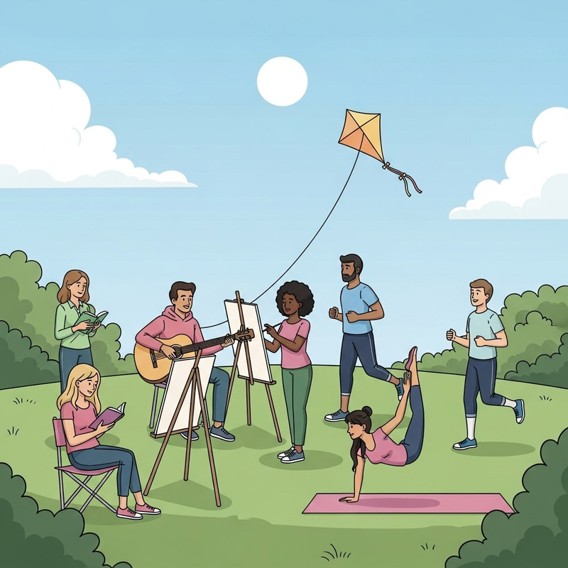Diverse Group in Park: Art, Music, Yoga, and More