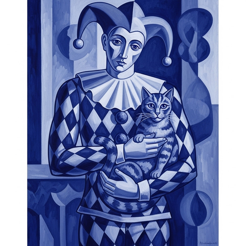 Picasso Blue Period: Harlequin with Cat in Cubist Style