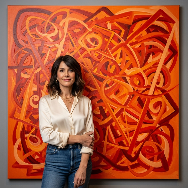 Mid-Aged Caucasian Woman Standing Abstract Painting Orange Red Background Mid-Aged Caucasian Woman Standing Abstract Painting Orange Red Background