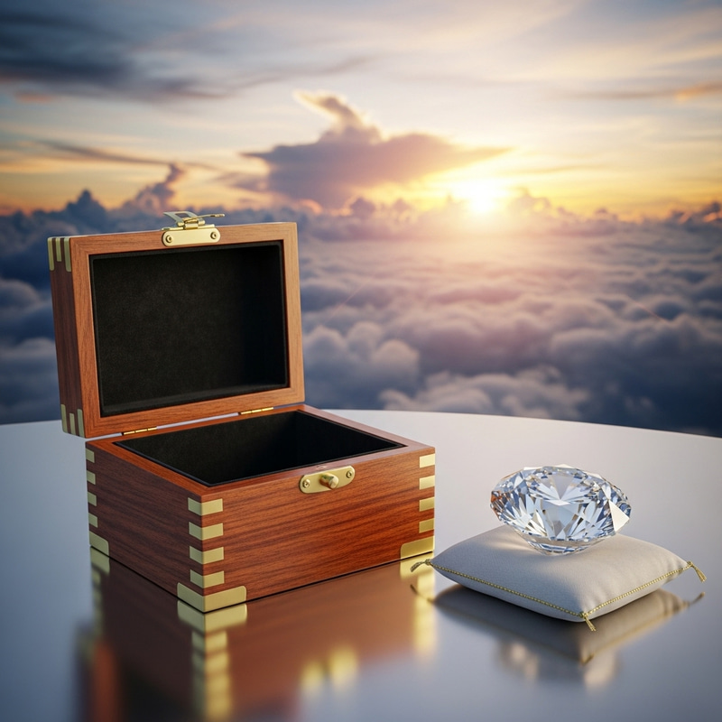 Quality Outside the Box - Wooden Box with Shining Diamond