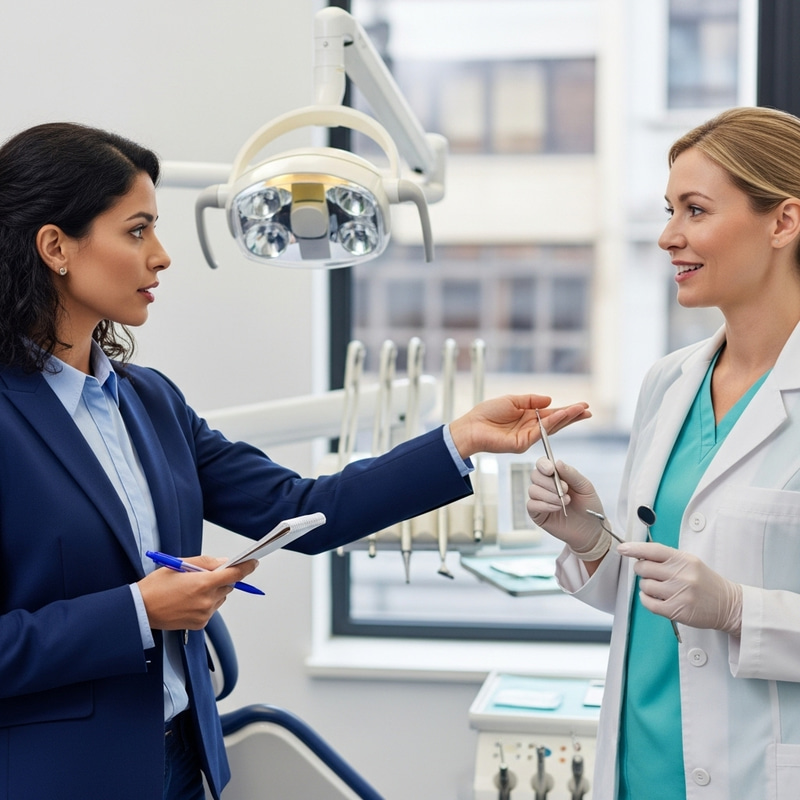 Female News Reporter Interviews Dentist with Dental Equipment Female News Reporter Interviews Dentist with Dental Equipment