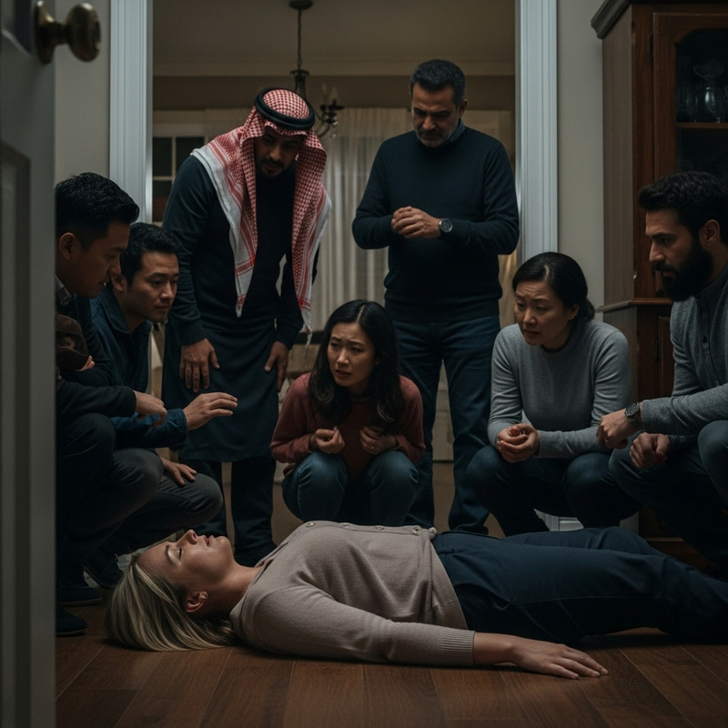 Dramatic Scene: Woman Surrounded, 8k UHD & Film Grain