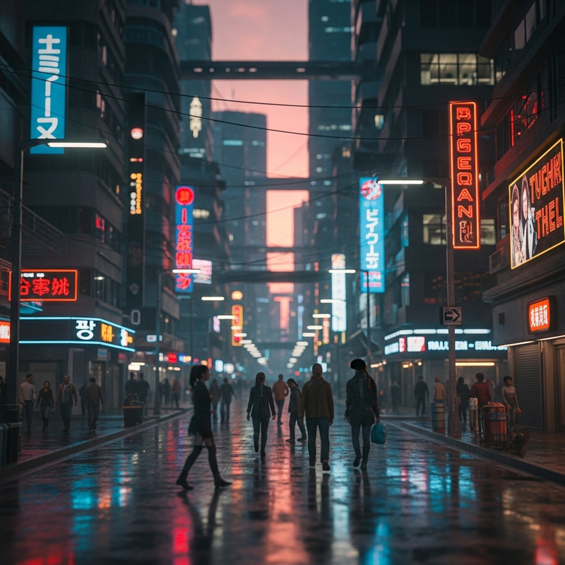 Neon-lit Cyberpunk Cityscape at Sunset | Tilt-Shift Photo