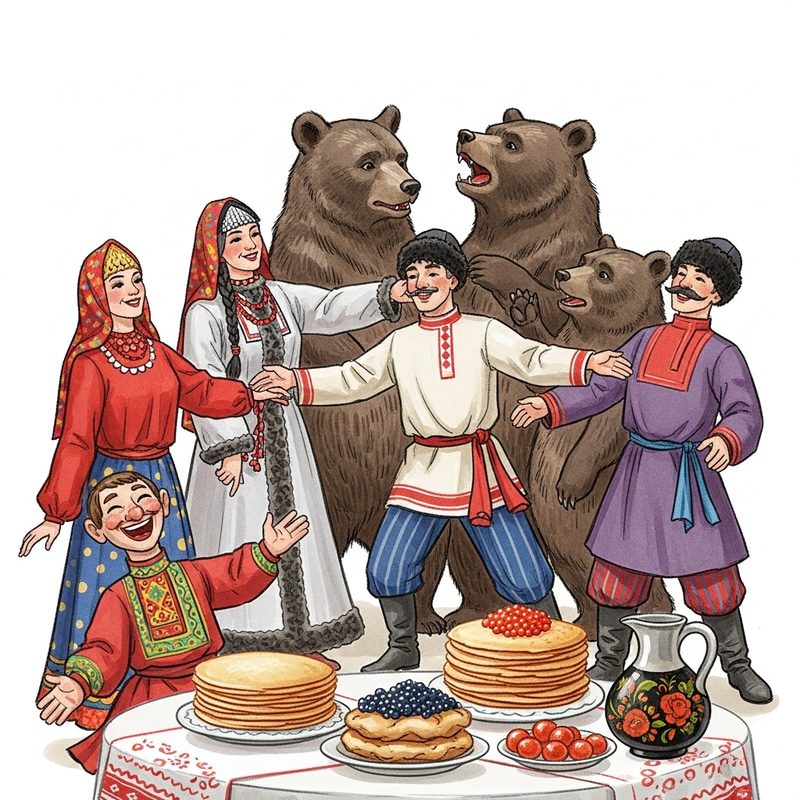 Ancient Russian Tradition: Folk Dance with Bears & Caviar Pancakes Ancient Russian Tradition: Folk Dance with Bears & Caviar Pancakes
