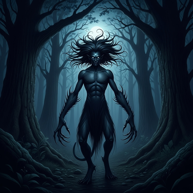 Mysterious Black Annis in Night Woods Room - Enigmatic Scene Mysterious Black Annis in Night Woods Room - Enigmatic Scene