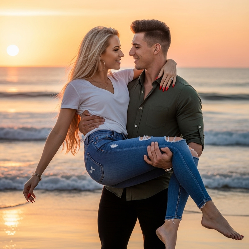 Beautiful Couple at Sunset Beach with Stylish Fashion