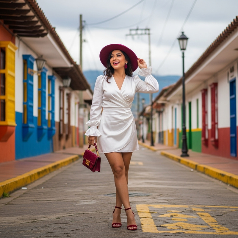 Vibrant Colombian Fashion: Satin Dress & Burgundy Hues