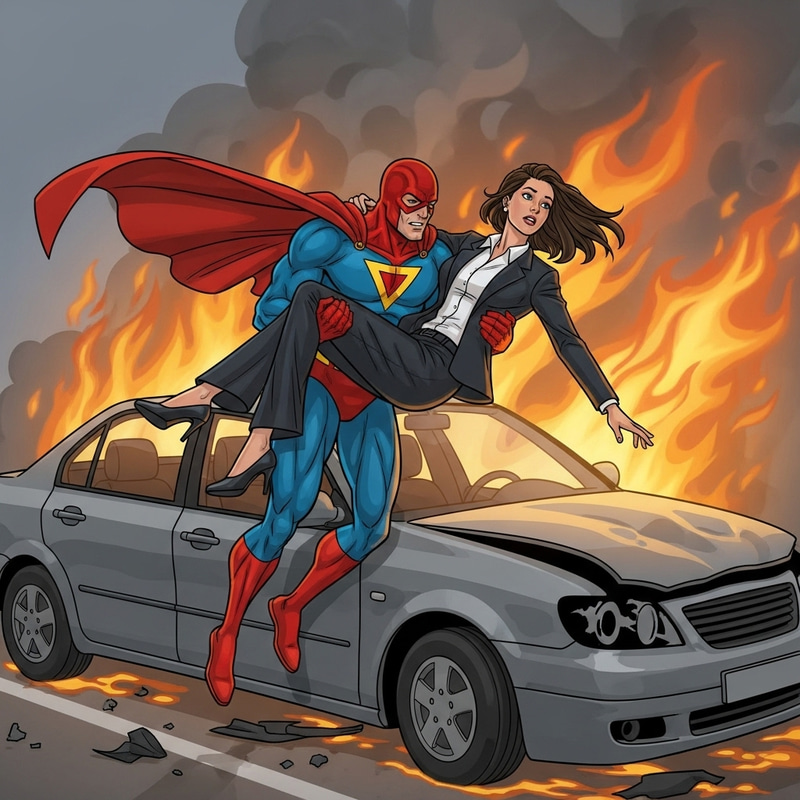 Superman Saves Working Businesswoman from Car Fire Superman Saves Working Businesswoman from Car Fire