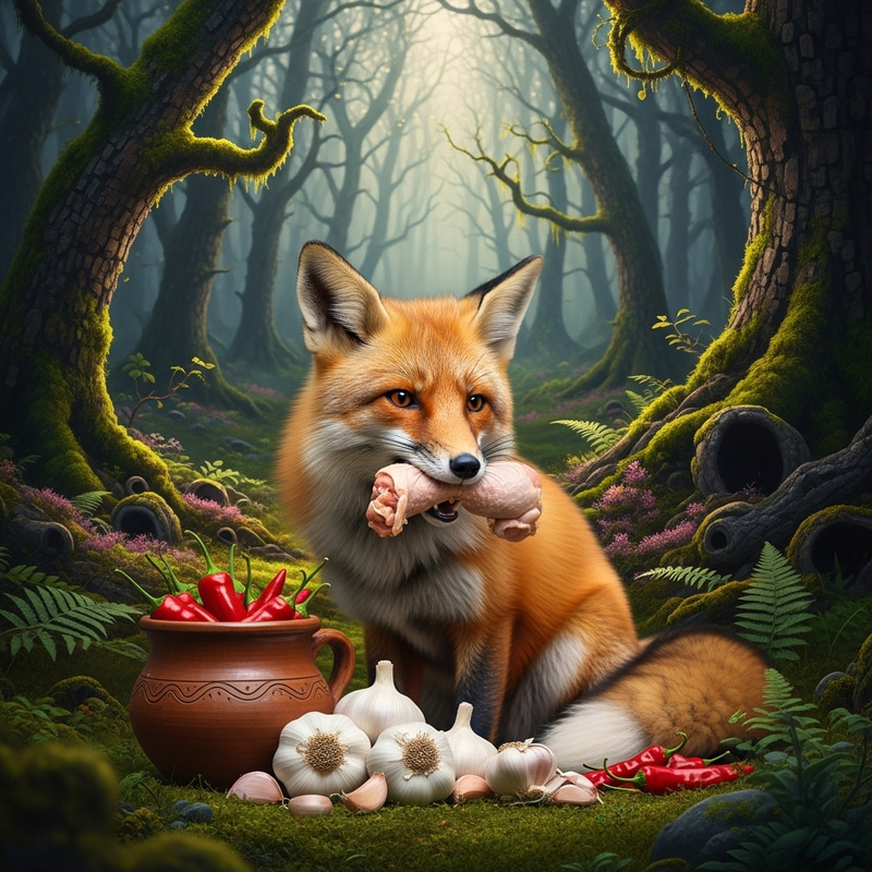 Fox with Chicken and Garlic in Enchanted Forest Scene Fox with Chicken and Garlic in Enchanted Forest Scene