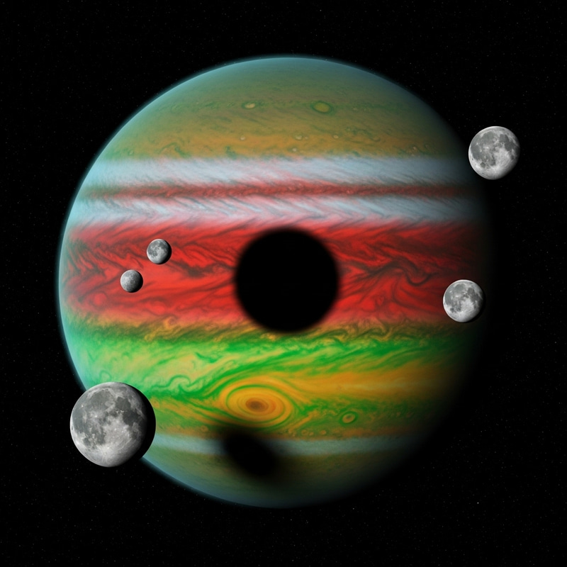 Red, Green, and Yellow Planet with Black Spot Surrounded by Three Moons Red, Green, and Yellow Planet with Black Spot Surrounded by Three Moons