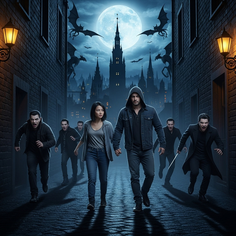 Eerie Vampires Pursuing Asian Couple in Dark Alley | Cityscape Scene