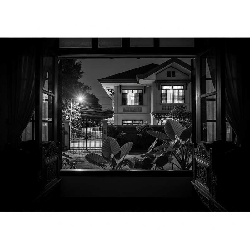 Monochrome Filipino Style Three-Story House Night Art