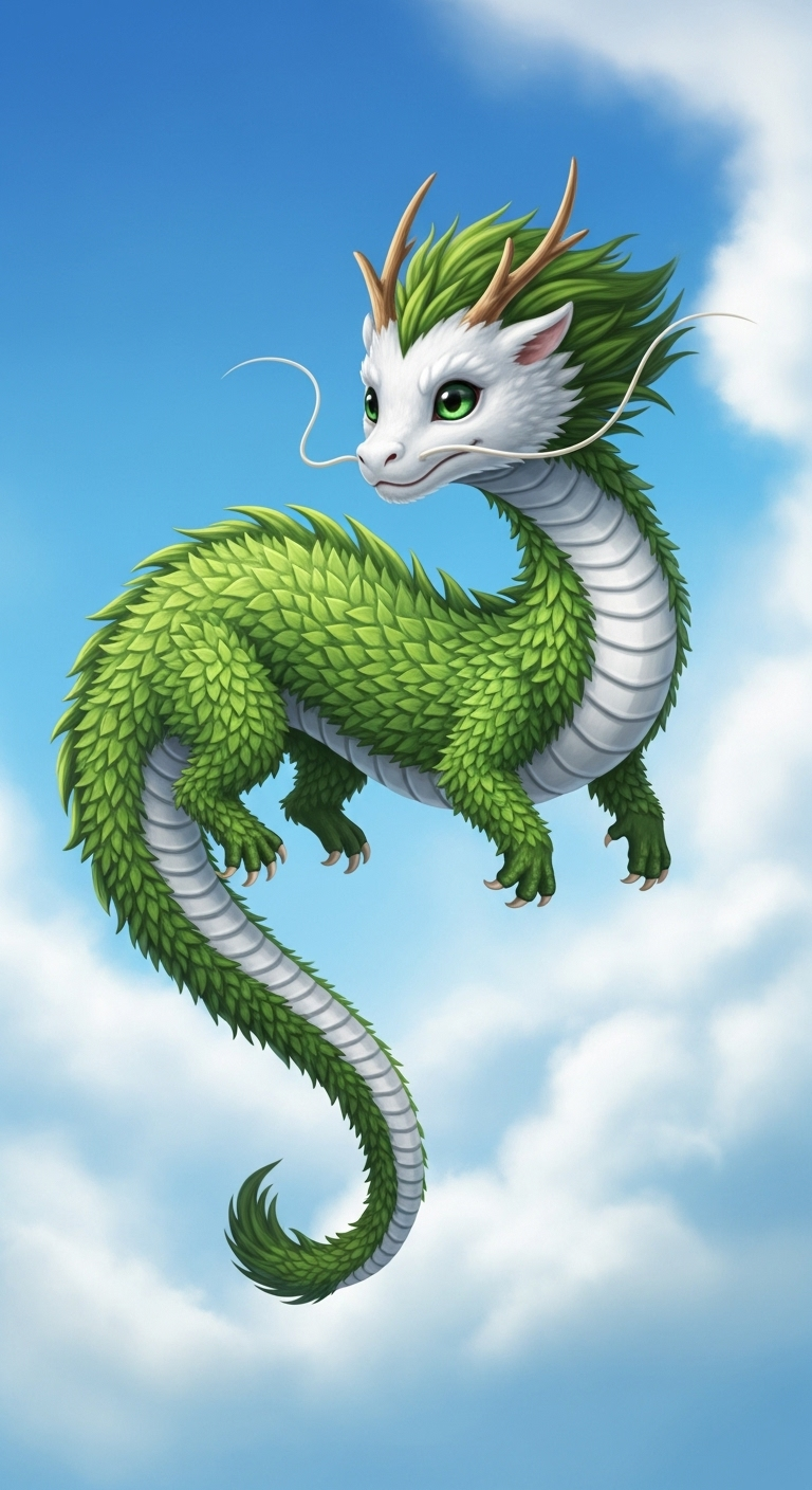 Whimsical Juvenile Chinese Dragon Soaring Through Sky