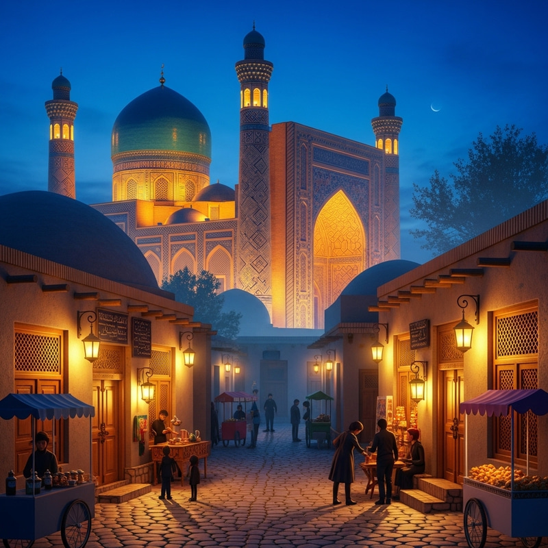 Tashkent Night Life: Realistic Photo of Hazrati Imam Mosque & Traditional Mahalla Tashkent Night Life: Realistic Photo of Hazrati Imam Mosque & Traditional Mahalla