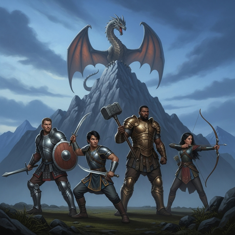 Majestic Dragon and Warriors on Rugged Mountain Peak