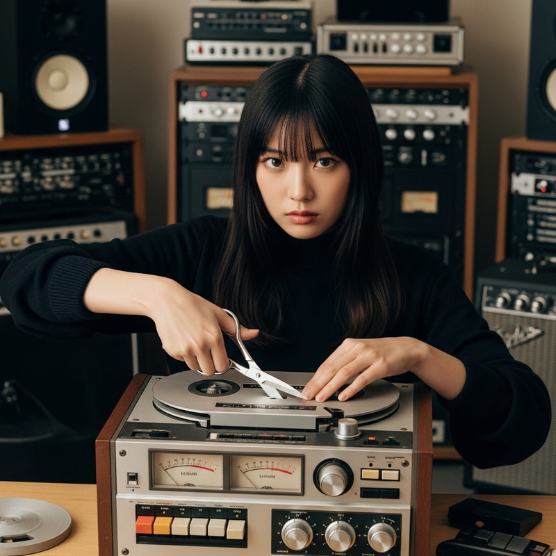 Skillful Asian Woman Cutting Vintage Tape Recorder in Music Studio