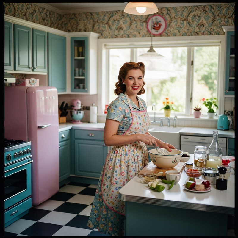 Charming 1950s Housewife in Retro Americana Kitchen Charming 1950s Housewife in Retro Americana Kitchen
