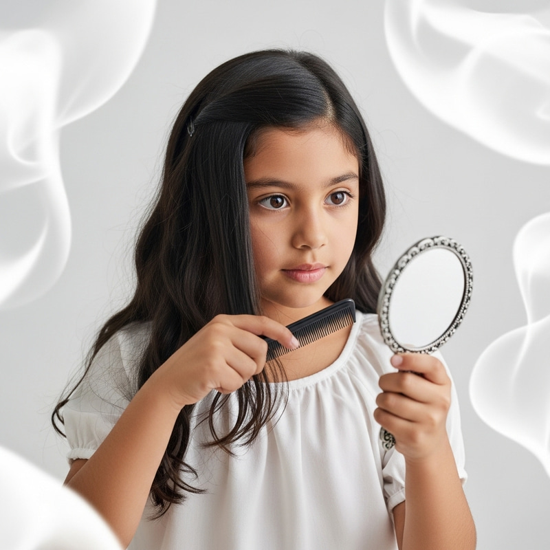Young Hispanic Girl Combing Hair on White Background