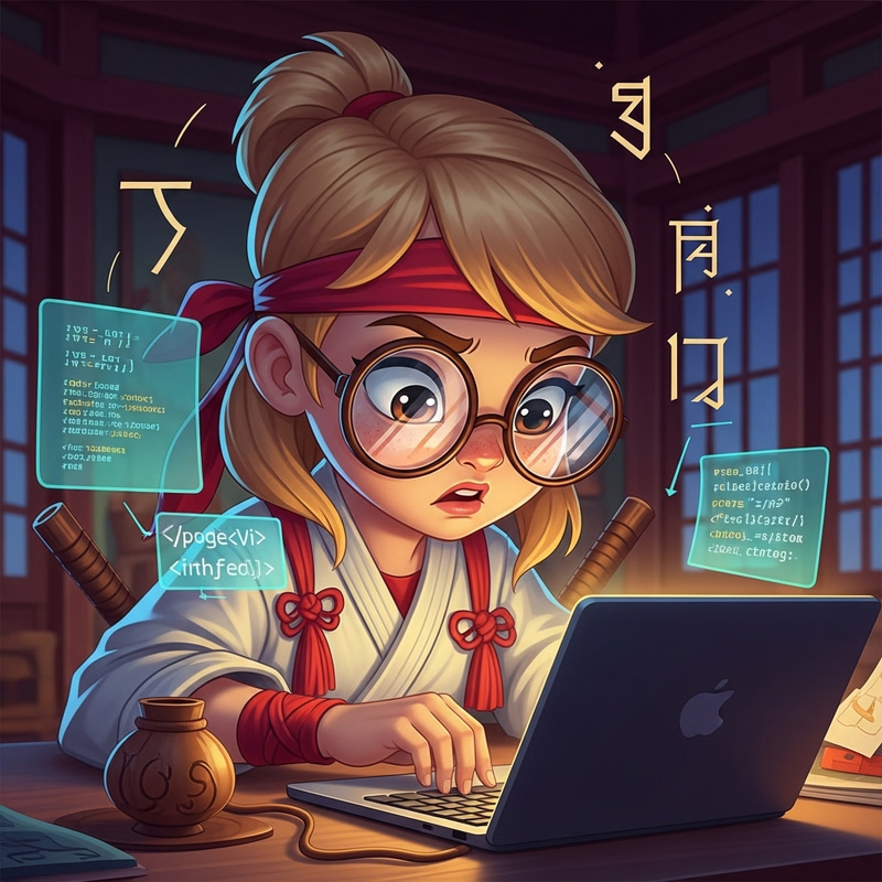 Blonde Cartoon Girl Coding in Dojo Scene Blonde Cartoon Girl Coding in Dojo Scene