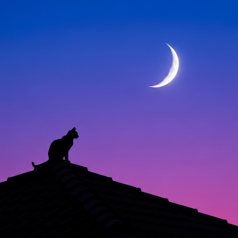Silhouette of Cat on Rooftop under Purple Sky with Crescent Moon Silhouette of Cat on Rooftop under Purple Sky with Crescent Moon