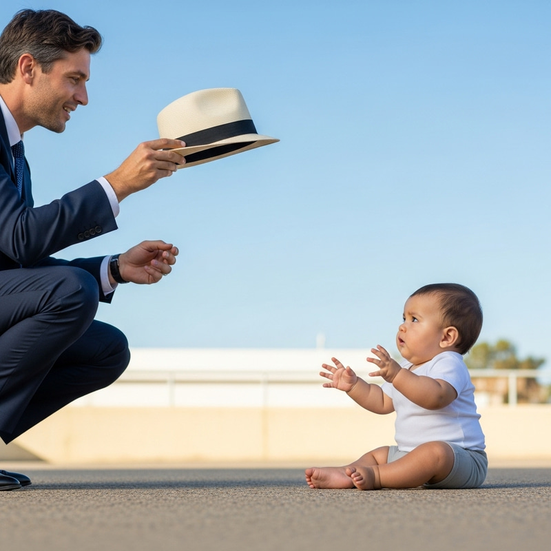 Stylish Man Tossing Fedora at Enormous Infant Stylish Man Tossing Fedora at Enormous Infant