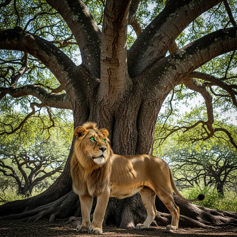 Majestic Lion with Vibrant Emerald Eyes and Towering Tree Majestic Lion with Vibrant Emerald Eyes and Towering Tree