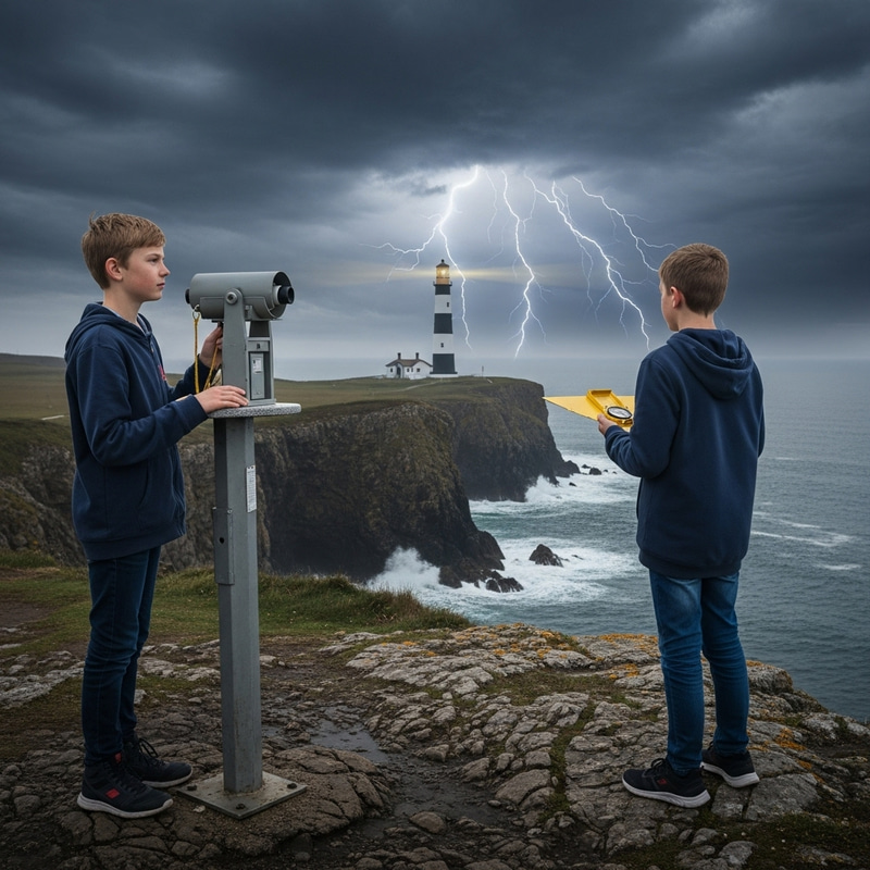 Boy with Compass at Stormy Cliff Observation Point Boy with Compass at Stormy Cliff Observation Point