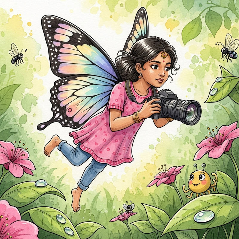 Whimsical Scene of Young South Asian Girl with Butterfly Wings in Vibrant Garden Whimsical Scene of Young South Asian Girl with Butterfly Wings in Vibrant Garden
