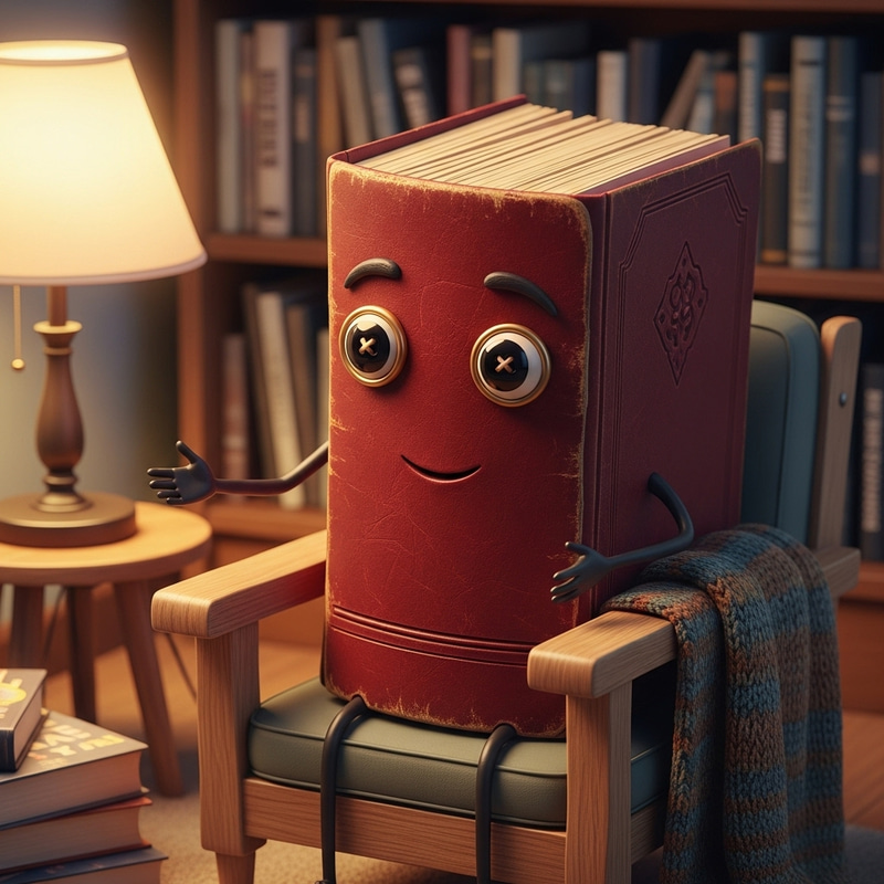 Anthropomorphic Book Sitting on Chair in Cozy Library Anthropomorphic Book Sitting on Chair in Cozy Library