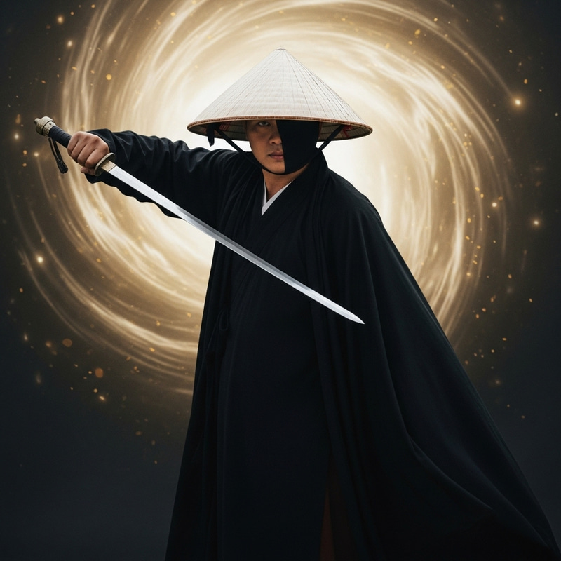 Vietnamese Man in Black Cloak with Traditional Straw Hat and Sleek Sword Vietnamese Man in Black Cloak with Traditional Straw Hat and Sleek Sword